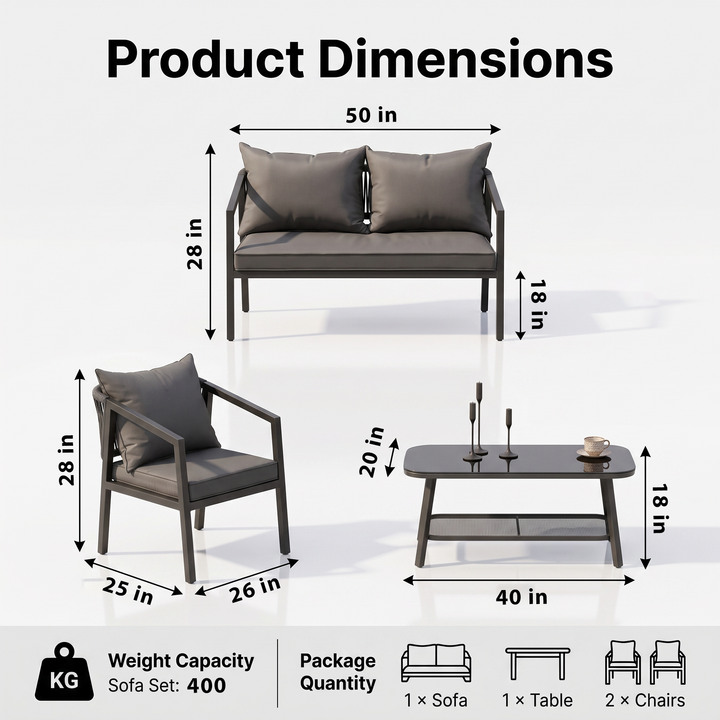 Siti Outdoor Garden Balcony Sofa Set 2 Seater , 2 Single Seater 1 Center Table Set (Black) Braided and Rope