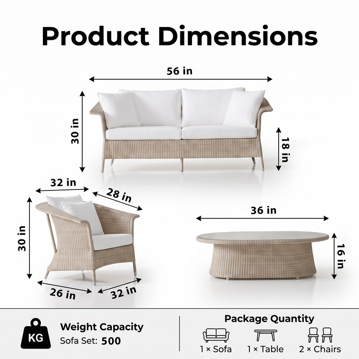 Sileo Outdoor Sofa Set 2 Seater , 2 Single seater and 1 Center Table Set (Beige)