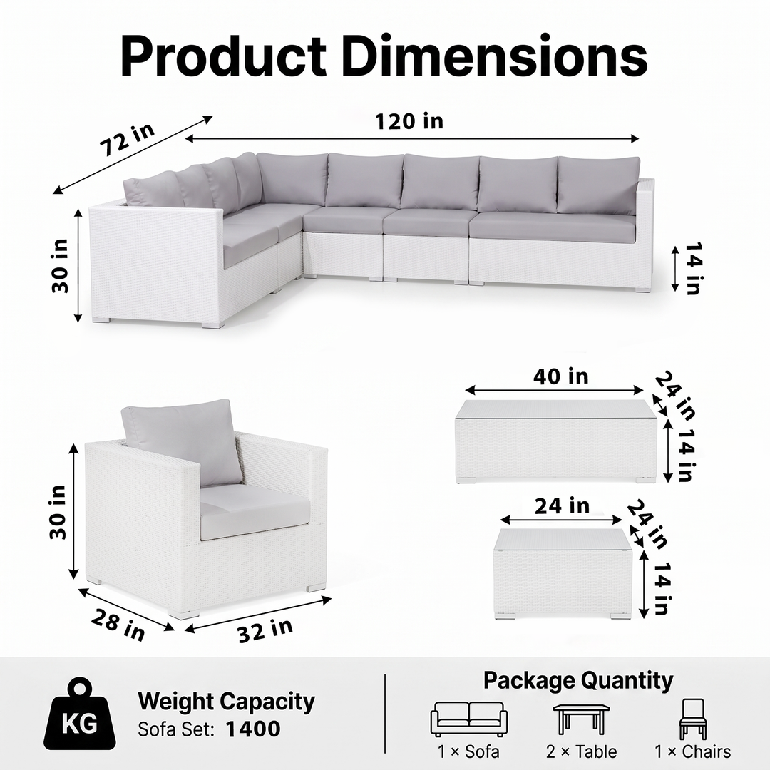 Ulva Outdoor Sofa Set 8 Seater , Single Seater and 2 Center Table Set (White)