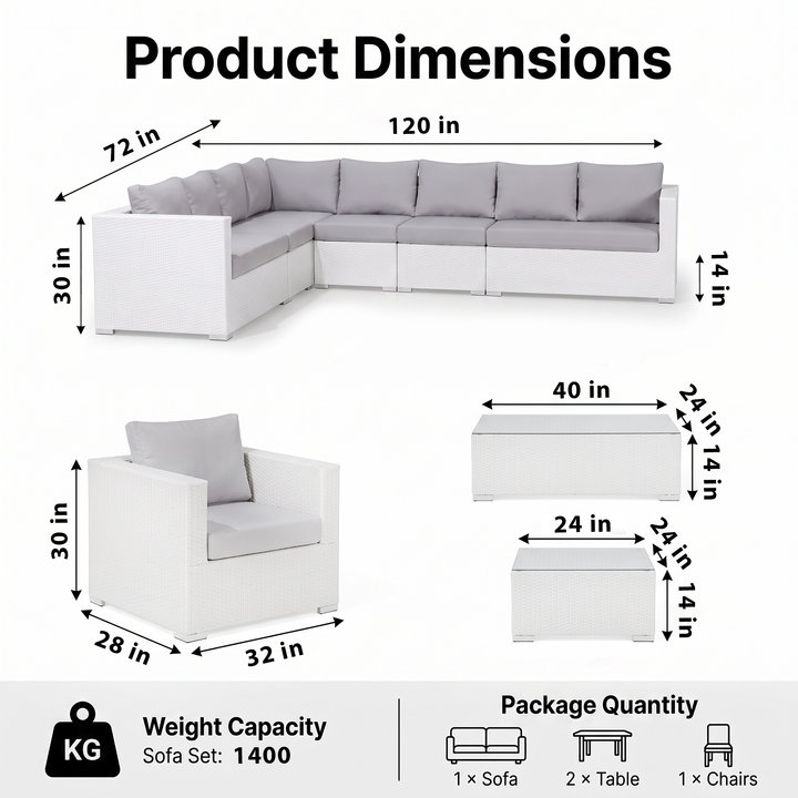 Ulva Outdoor Sofa Set 8 Seater , Single Seater and 2 Center Table Set (White)