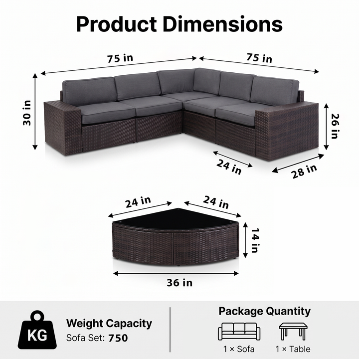 Omehia Outdoor Garden Balcony Sofa Set  5 Seater and 1 Center Table Set (Brown)