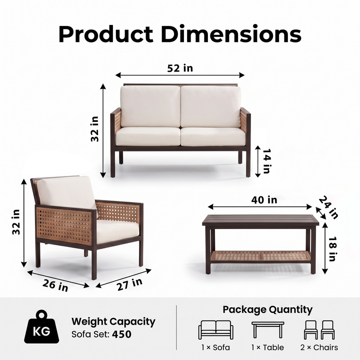 Vizoly Outdoor Garden Balcony Sofa Set  2 Seater, 2 Single seater and 1 Center Table Set (Brown)