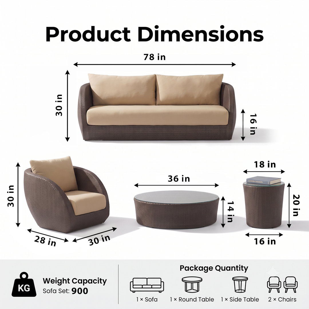 Zomera Outdoor Garden Balcony Sofa Set 3 Seater, 2 Single seater and 1 Center Table With Side Table Set (Brown)