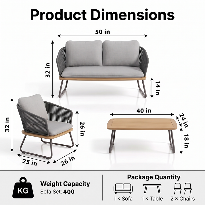 Reevo Outdoor Garden Balcony Sofa Set 2 Seater , 2 Single Seater 1 Center Table Set (Dark Grey) Braided and Rope