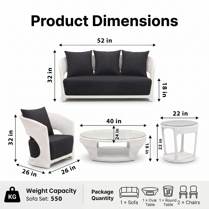 Zibra Outdoor Garden Balcony Sofa Set 2 Seater , 2  Single Seater 1 Center Table With Side Table  Set (White)