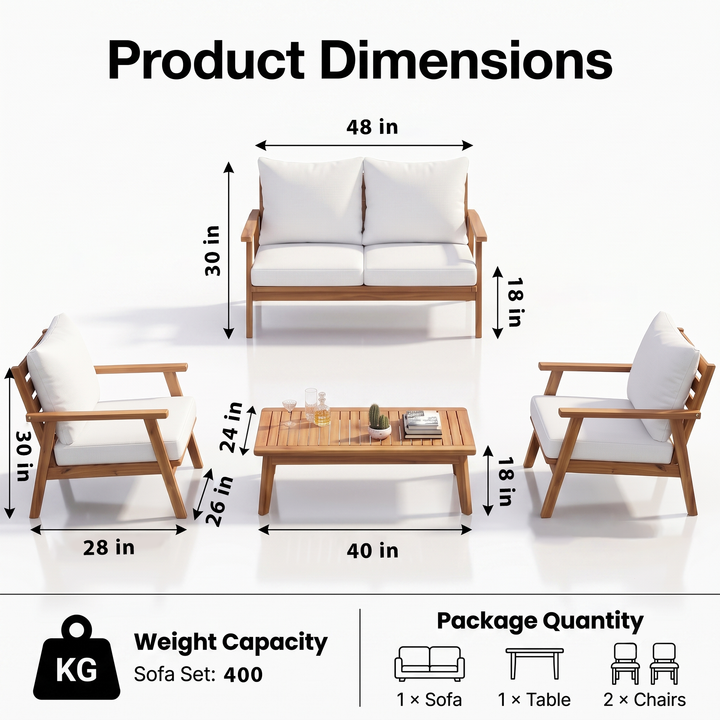 Terra Outdoor Garden Balcony Sofa Set 2 Seater , 2 Single Seater 1 Center Table Set (White) Teak Wood and Braided & Rope