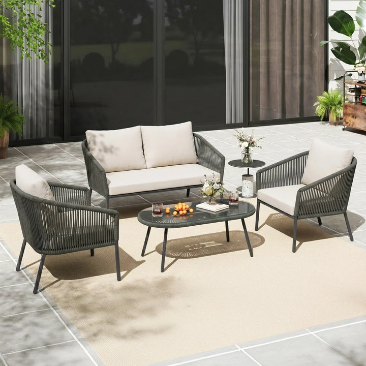 Puffen Outdoor Garden Balcony Sofa Set 2 Seater , 2 Single Seater 1 Center Table Set Braided and Rope