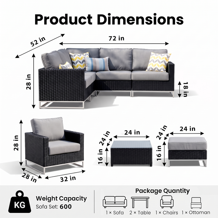 Slue Outdoor Sofa Set 5 Seater , Single seater With Ottoman and 1 Center Table Set (Black)