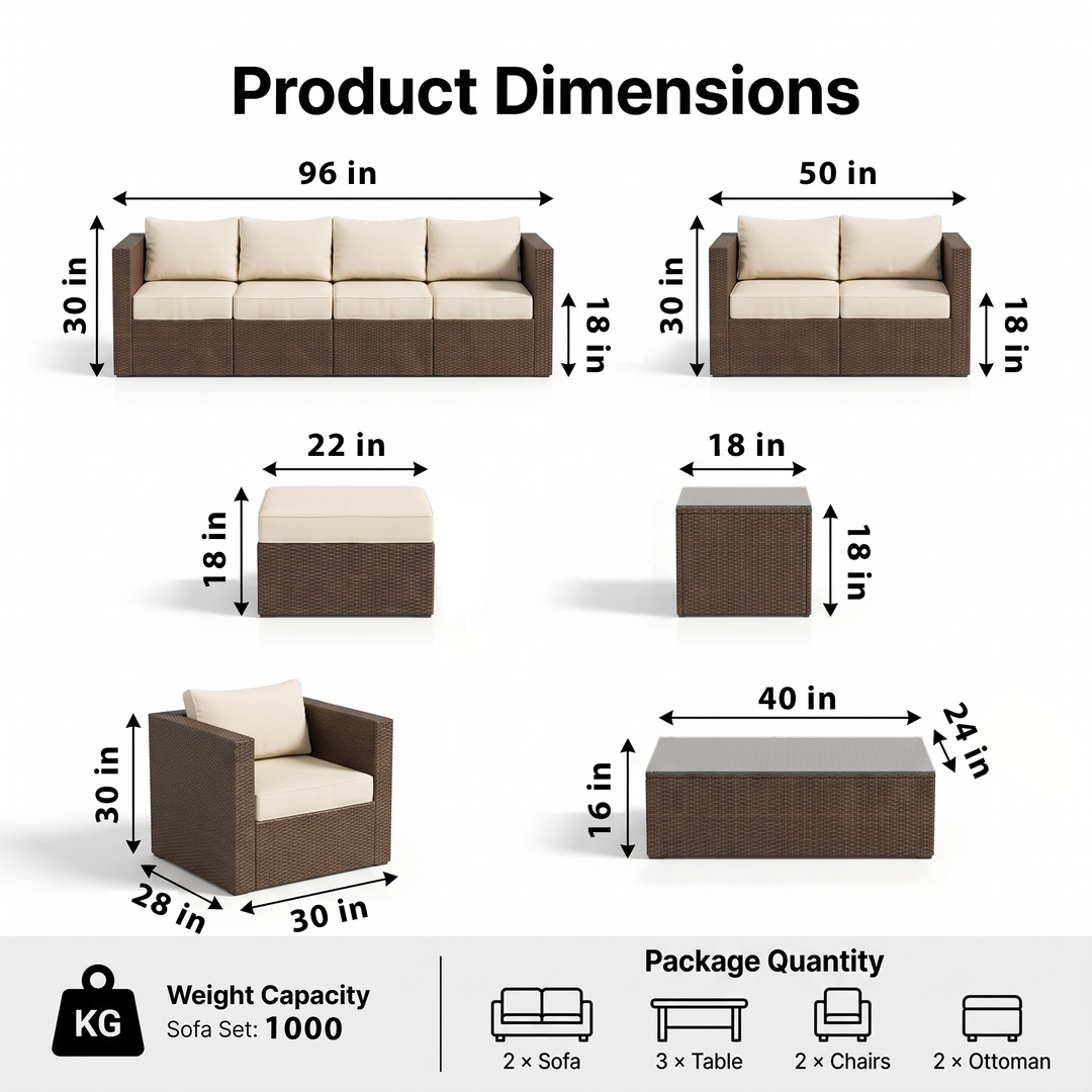 Olivier Outdoor Sofa Set 4 Seater ,2 Seater, 2 Single Seater and 2 Center Table with 2 Ottoman Set (Brown +Cream)