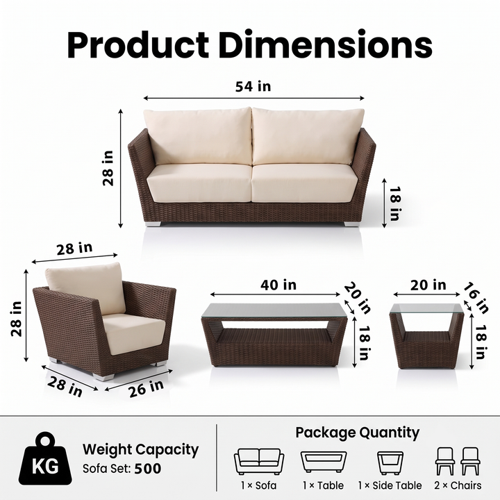 Reflin Outdoor Garden Balcony Sofa Set 2 Seater , 2 Single Seater and 1 Center Table With 1 Side Table Set (Brown + Beige)