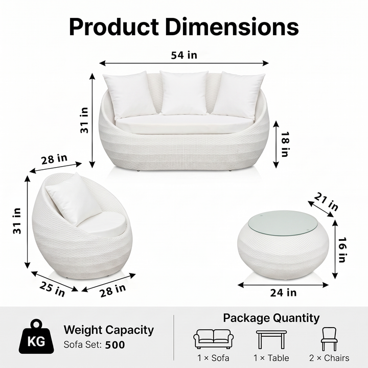 Retto Outdoor Sofa Set 2 Seater , 2 Single seater and 1 Center Table Set (White)