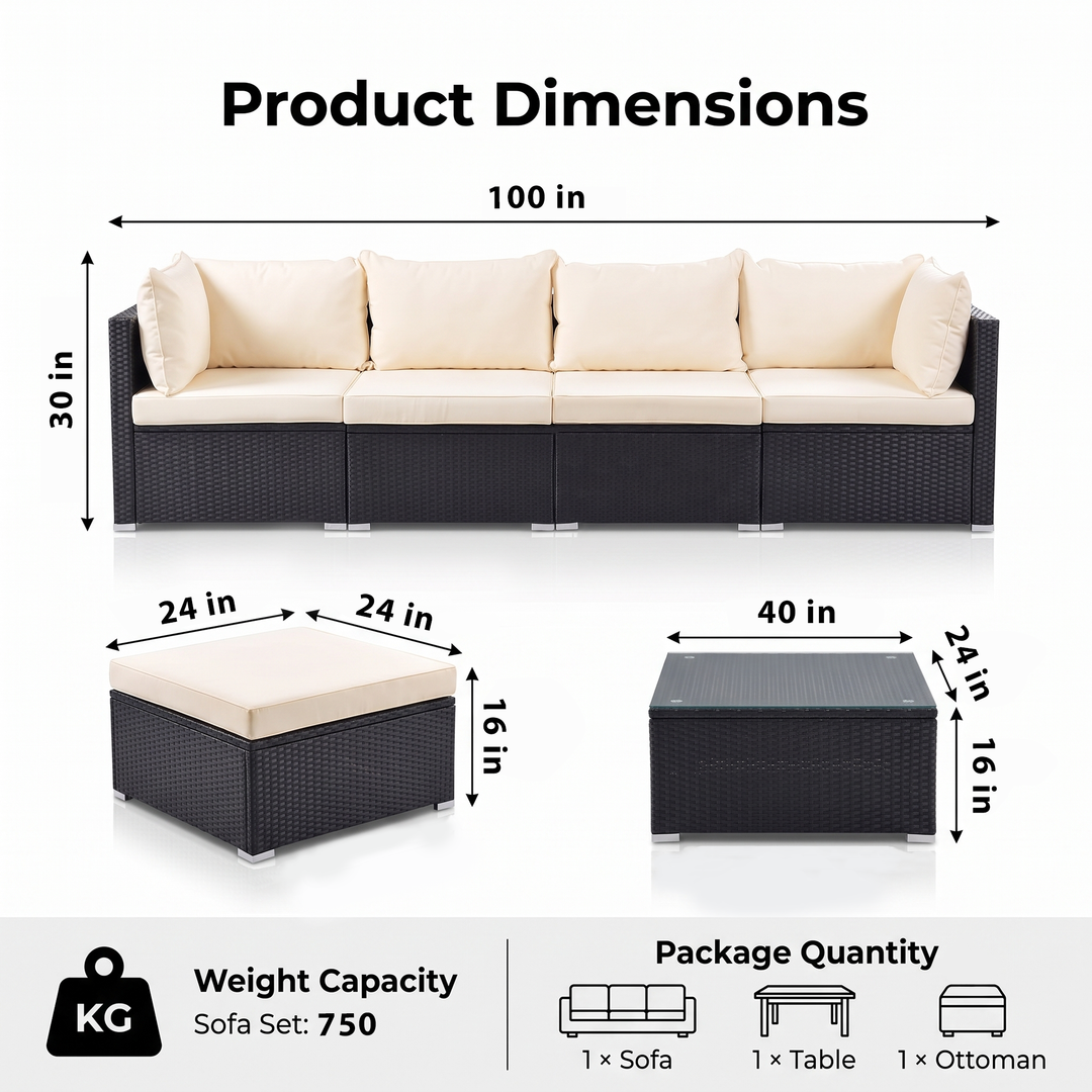 Ollie Outdoor Patio Sofa Set 4 Seater and 1 Table With 1 Ottoman Set (Black + Cream)