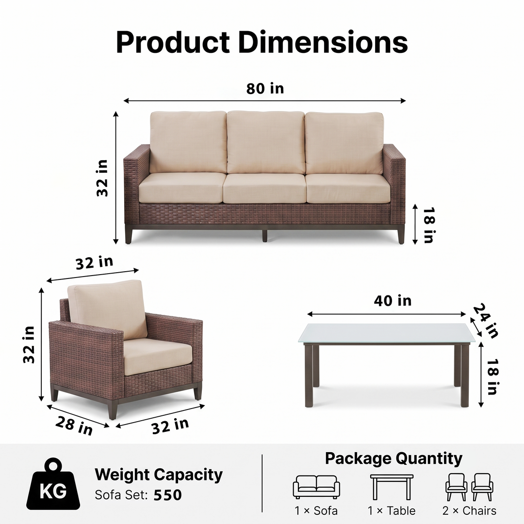 Tello Outdoor Garden Balcony Sofa Set 3 Seater, 2 Single seater and 1 Center Table Set (Brown)