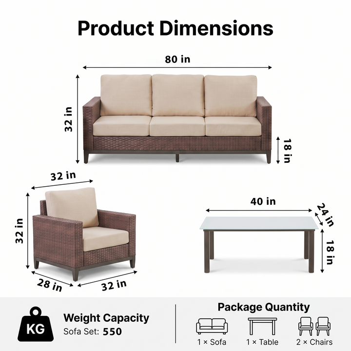 Tello Outdoor Garden Balcony Sofa Set 3 Seater, 2 Single seater and 1 Center Table Set (Brown)