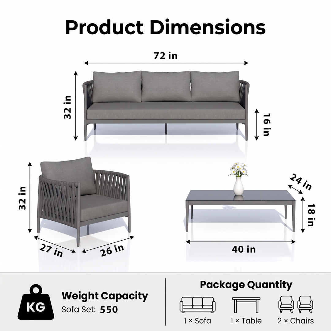 Pablo Outdoor Garden Balcony Sofa Set 3 Seater, 2 Single seater and 1 Table Set Braid & Rope (Dark Grey)