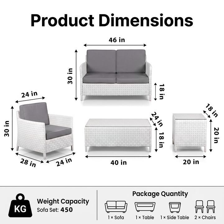 Tecla Outdoor Sofa Set 2 Seater , 2 Single seater and 1 Center Table (Off White)