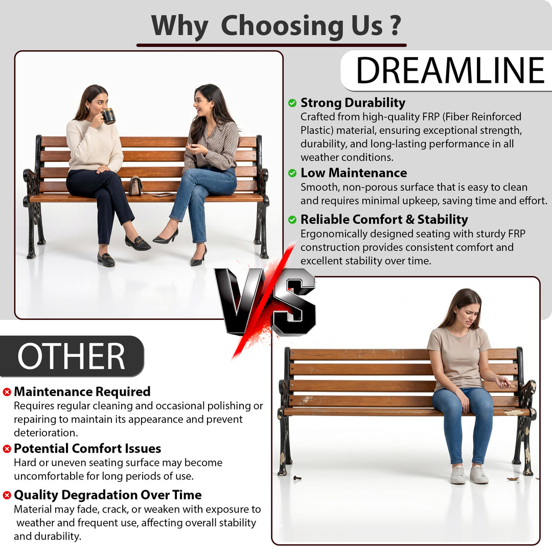 Lynn Cast Iron 3 Seater FRP Garden Bench for Outdoor Park - (Black+ Wooden Texture)