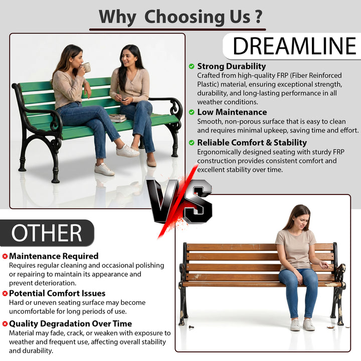 Brin Cast Iron 3 Seater FRP Garden Bench for Outdoor Park - (Black + Green)