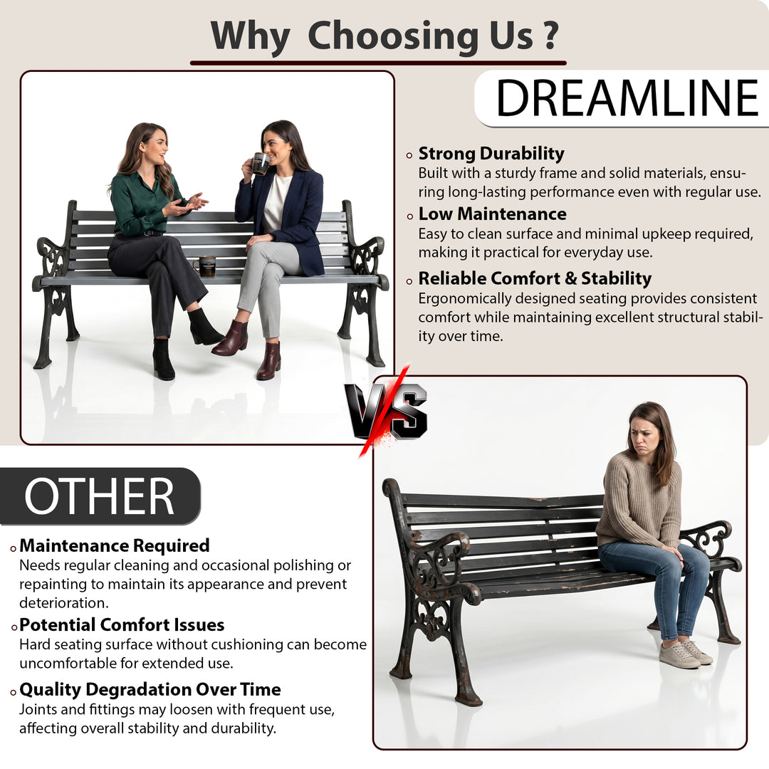 Wick Cast Iron 3 Seater Garden Bench for Outdoor Park - (Black + Grey)
