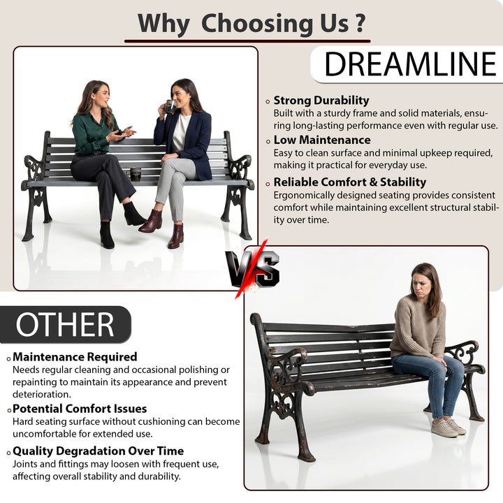 Wick Cast Iron 3 Seater Garden Bench for Outdoor Park - (Black + Grey)