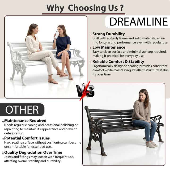 Zahraa Cast Iron 3 Seater Garden Bench for Outdoor Park - (White)