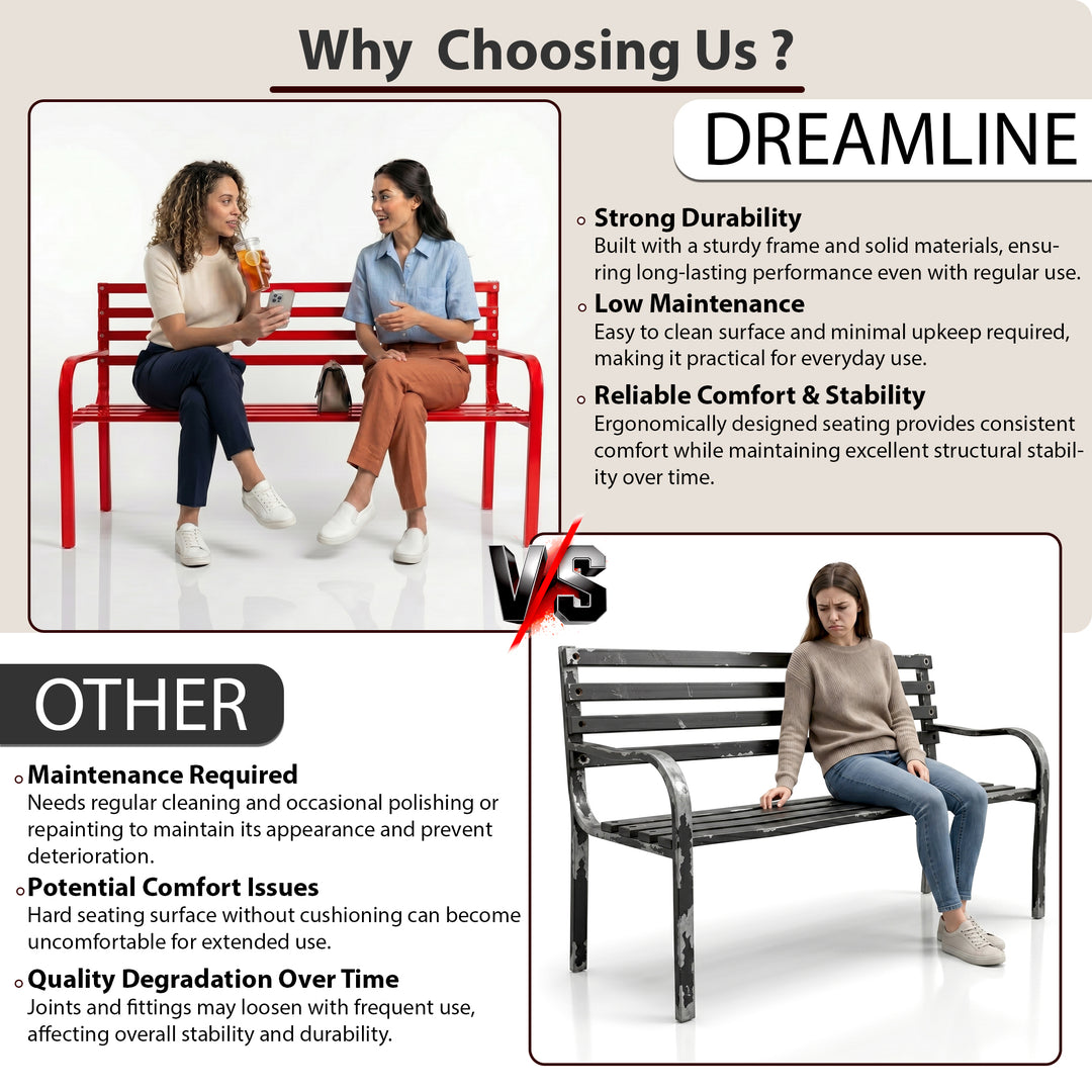 Clever Metal 3 Seater Garden Bench for Outdoor Park - (Red)