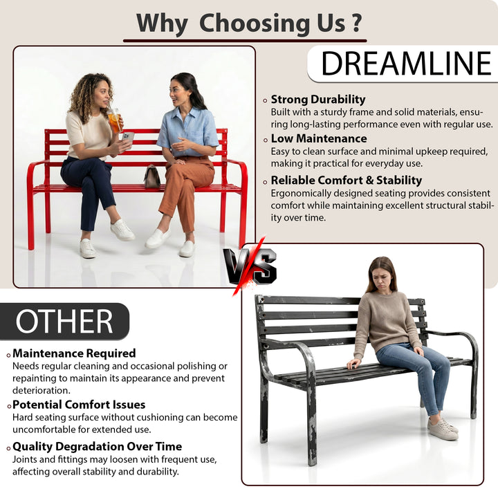 Clever Metal 3 Seater Garden Bench for Outdoor Park - (Red)