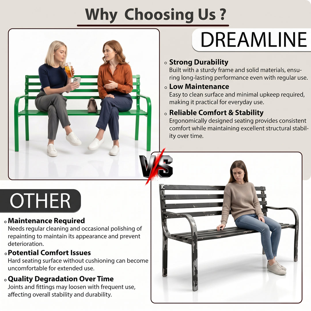 Linen Metal 3 Seater Garden Bench for Outdoor Park - (Green)