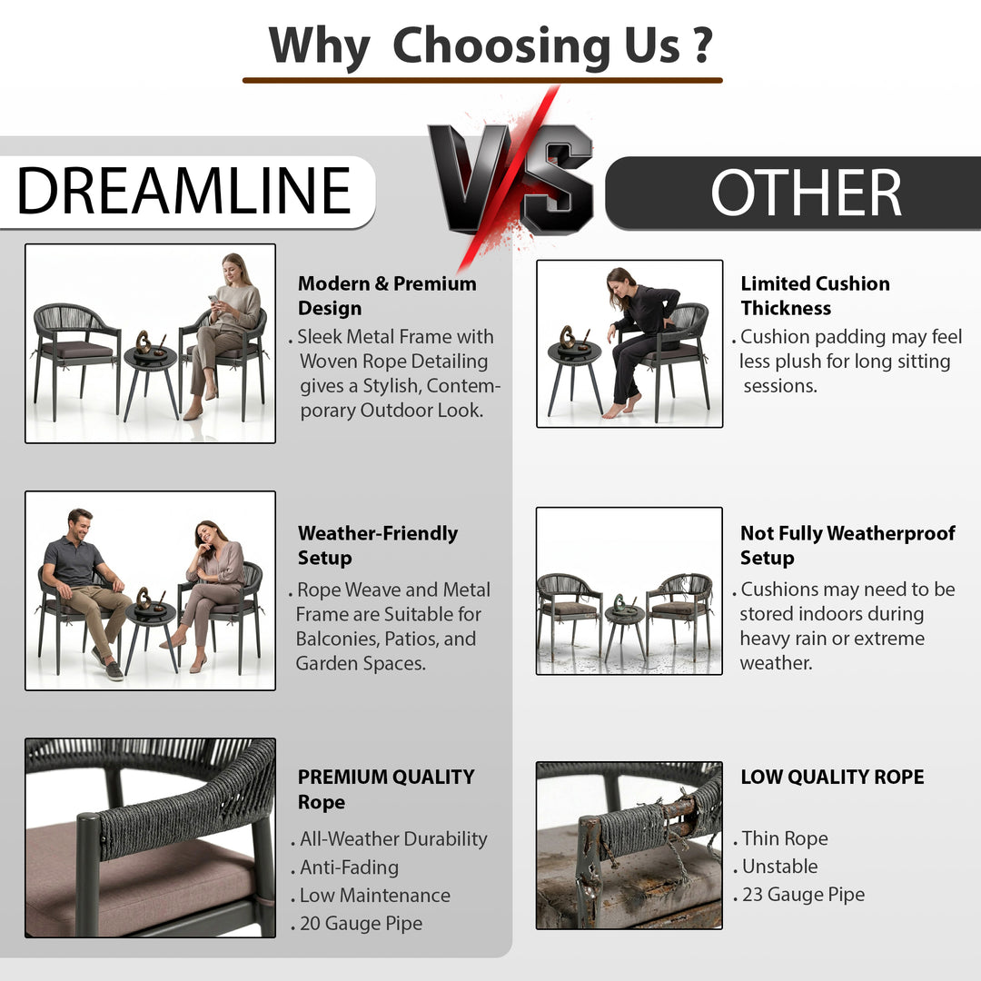 Brila Outdoor Patio Seating Set 2 Chairs and 1 Table Set (Black) Braided & Rope