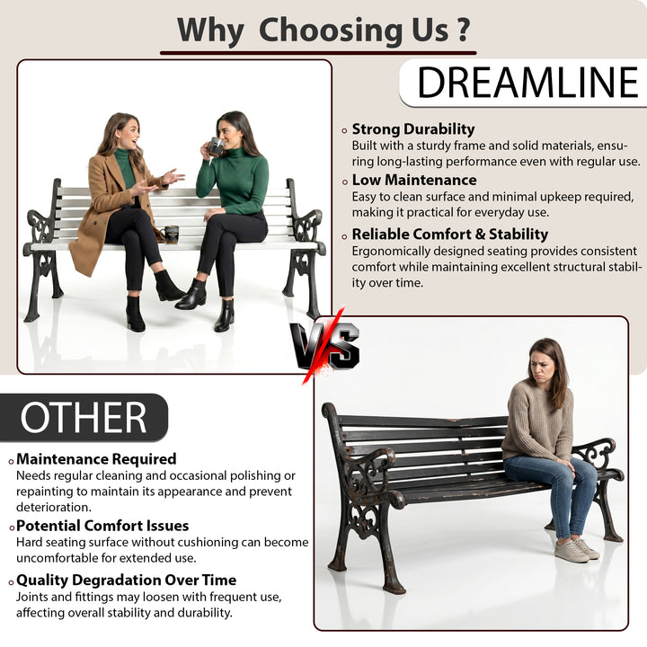 Valor Cast Iron 3 Seater Garden Bench for Outdoor Park - (Black + White)