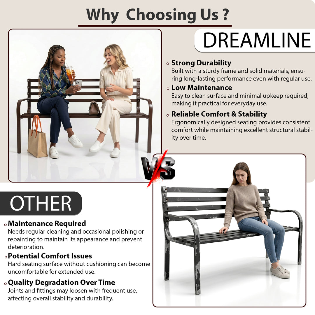 Bean Metal 3 Seater Garden Bench for Outdoor Park - (Brown)