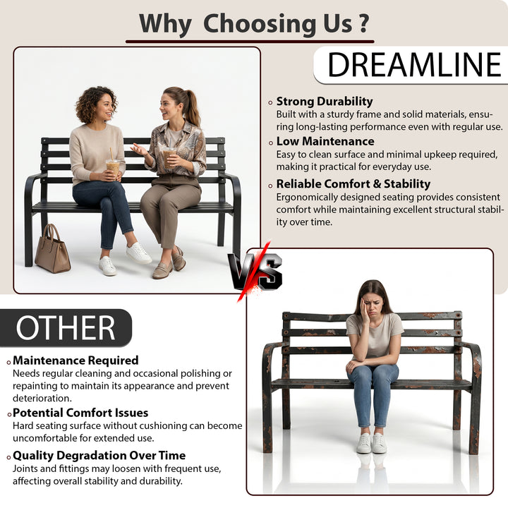 Timber Metal 2 Seater Garden Bench for Outdoor Park - (Black)