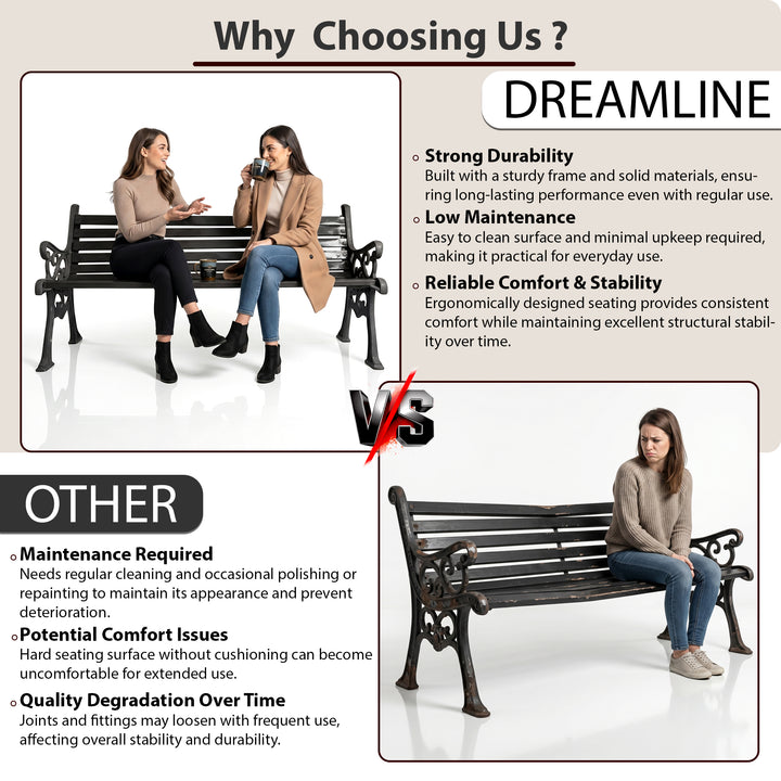 Lisa Cast Iron 3 Seater Garden Bench for Outdoor Park - (Black)