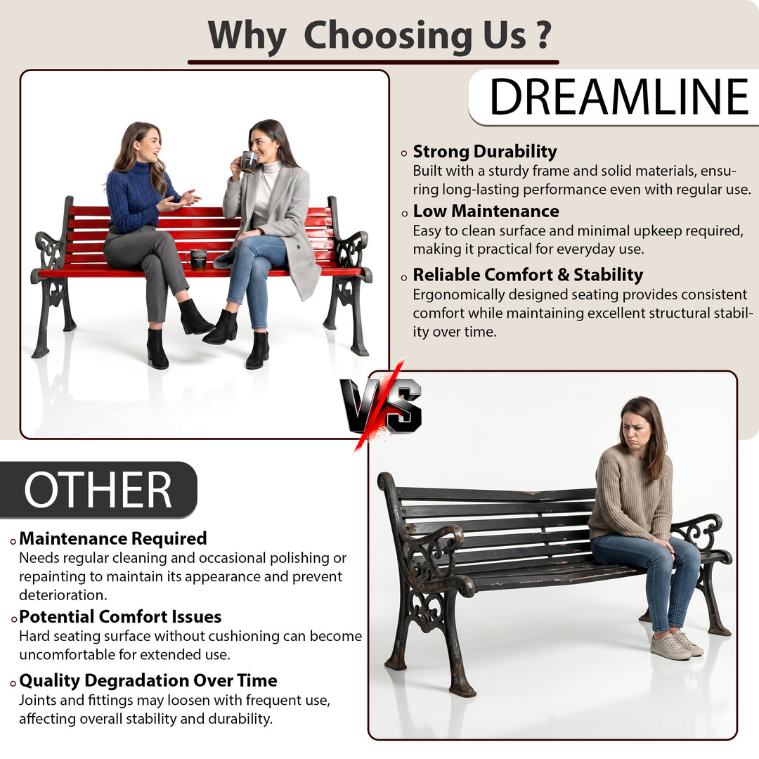 Rely Cast Iron 3 Seater Garden Bench for Outdoor Park - (Black + Red)