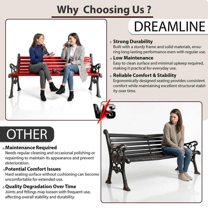 Rely Cast Iron 3 Seater Garden Bench for Outdoor Park - (Black + Red)