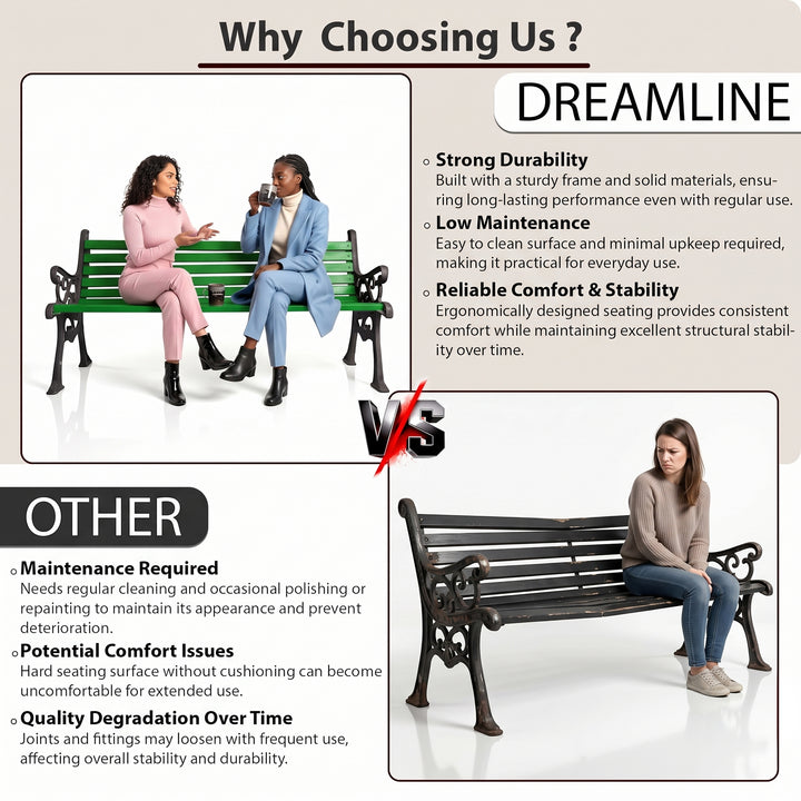 Terra Cast Iron 3 Seater Garden Bench for Outdoor Park - (Black+Green)