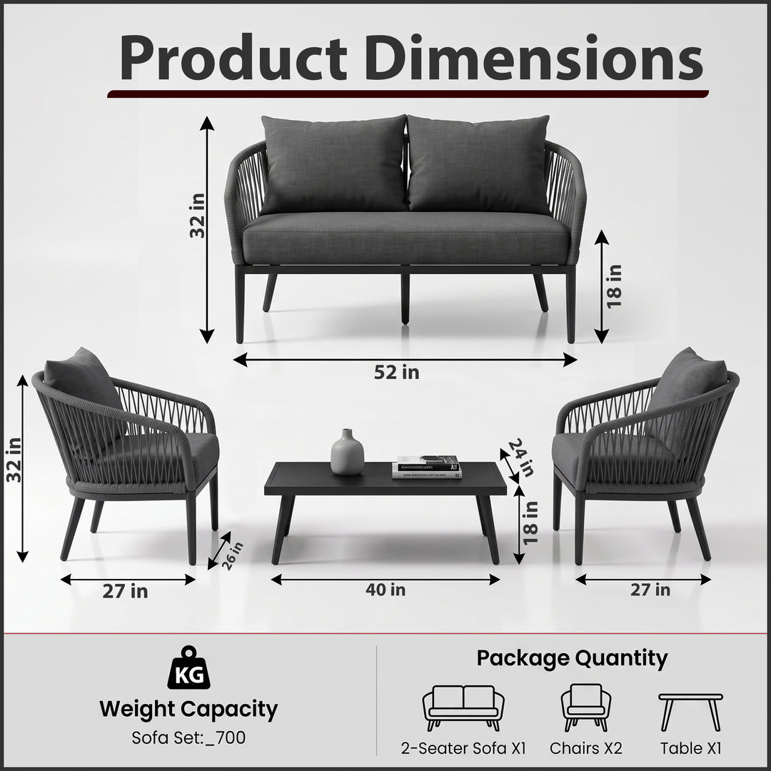 Gino Outdoor Sofa Set 2 Seater, 2 Single seater and 1 Center Table (Dark Grey) Braided & Rope