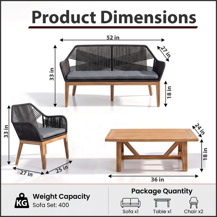 Cybella Outdoor Garden Balcony Sofa Set 2 Seater , 2 Single Seater 1 Center Table Set (Black) Braided and Rope