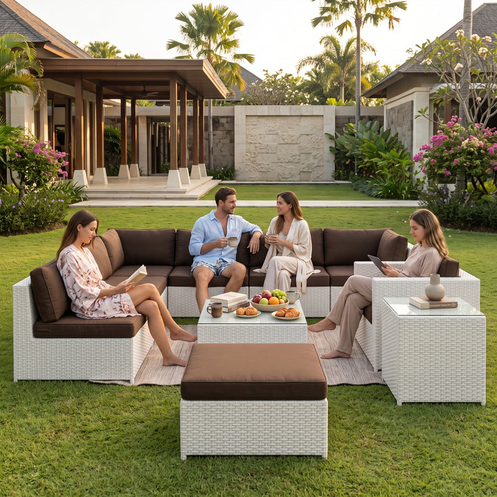 Ferri Outdoor Patio Sofa Set 6 Seater , 1 Footstool , 1 Side table and 1 Center Table (White)