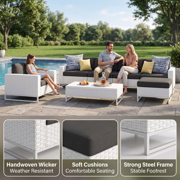 Angerona Outdoor Sofa Set 7 Seater, 2 Single seater and 1 Center Table, 1 Side Table With 2 Ottoman Set (White)