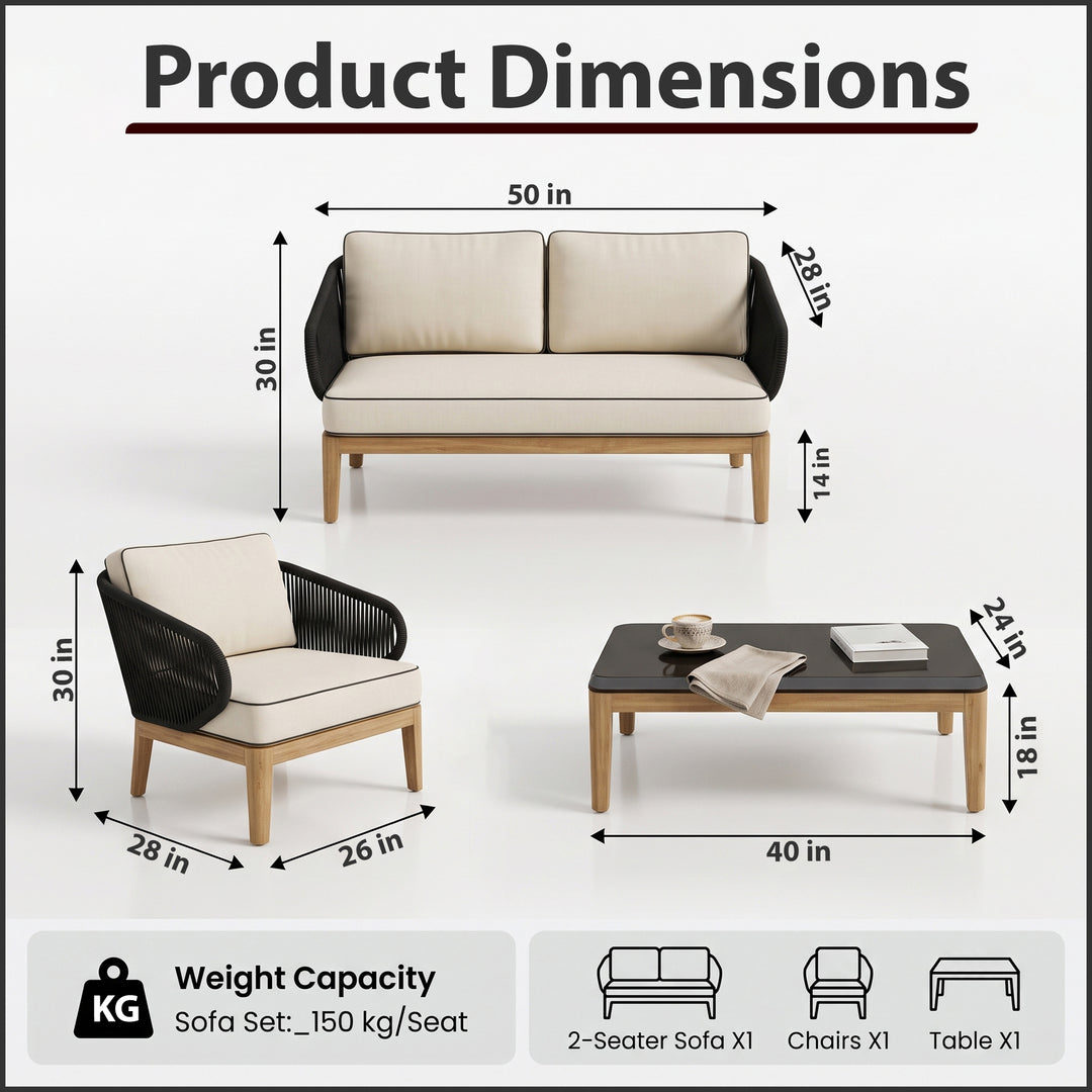 Laur Outdoor Sofa Set 2 Seater , 2 Single seater and 1 Center Table (Black + Beige) Braided & Rope