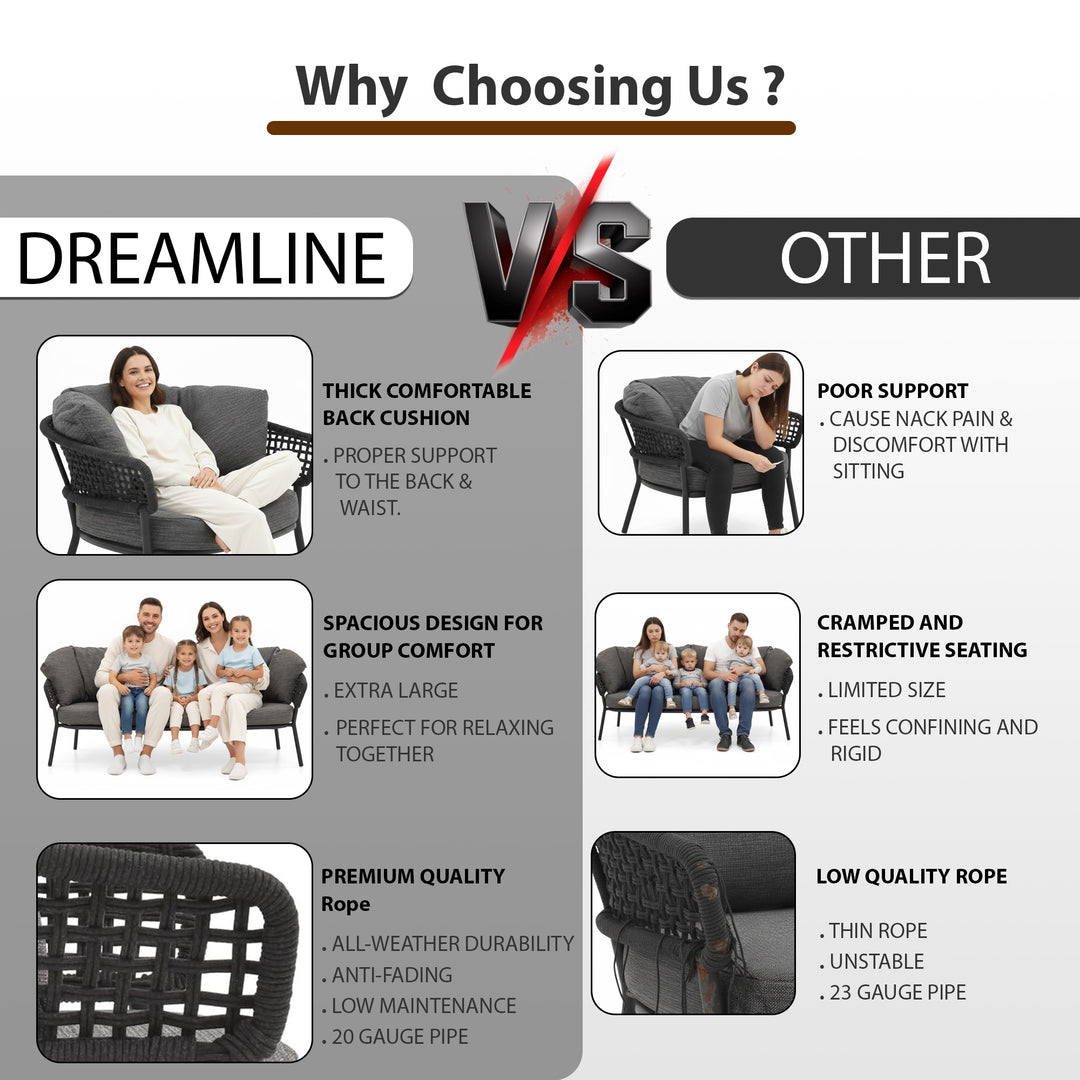 Puff Outdoor Sofa Set 2 Seater , 2 Single seater and 1 Center Table Set (Black) Braided & Rope