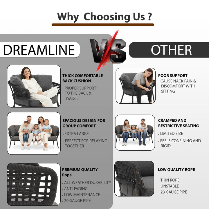 Puff Outdoor Sofa Set 2 Seater , 2 Single seater and 1 Center Table Set (Black) Braided & Rope