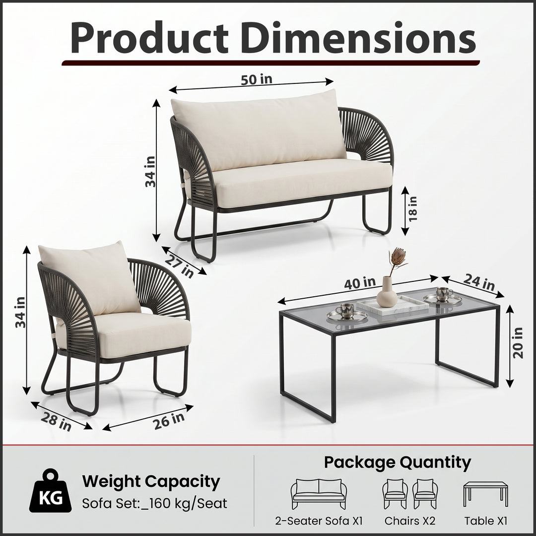 Lucas Outdoor Sofa Set 2 Seater , 2 Single seater and 1 Center Table Set (Black) Braided & Rope