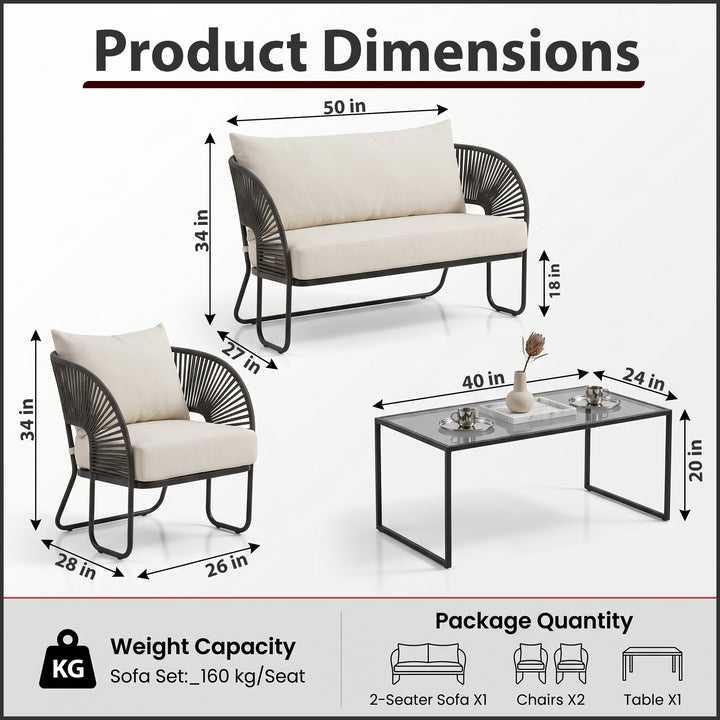 Lucas Outdoor Sofa Set 2 Seater , 2 Single seater and 1 Center Table Set (Black) Braided & Rope