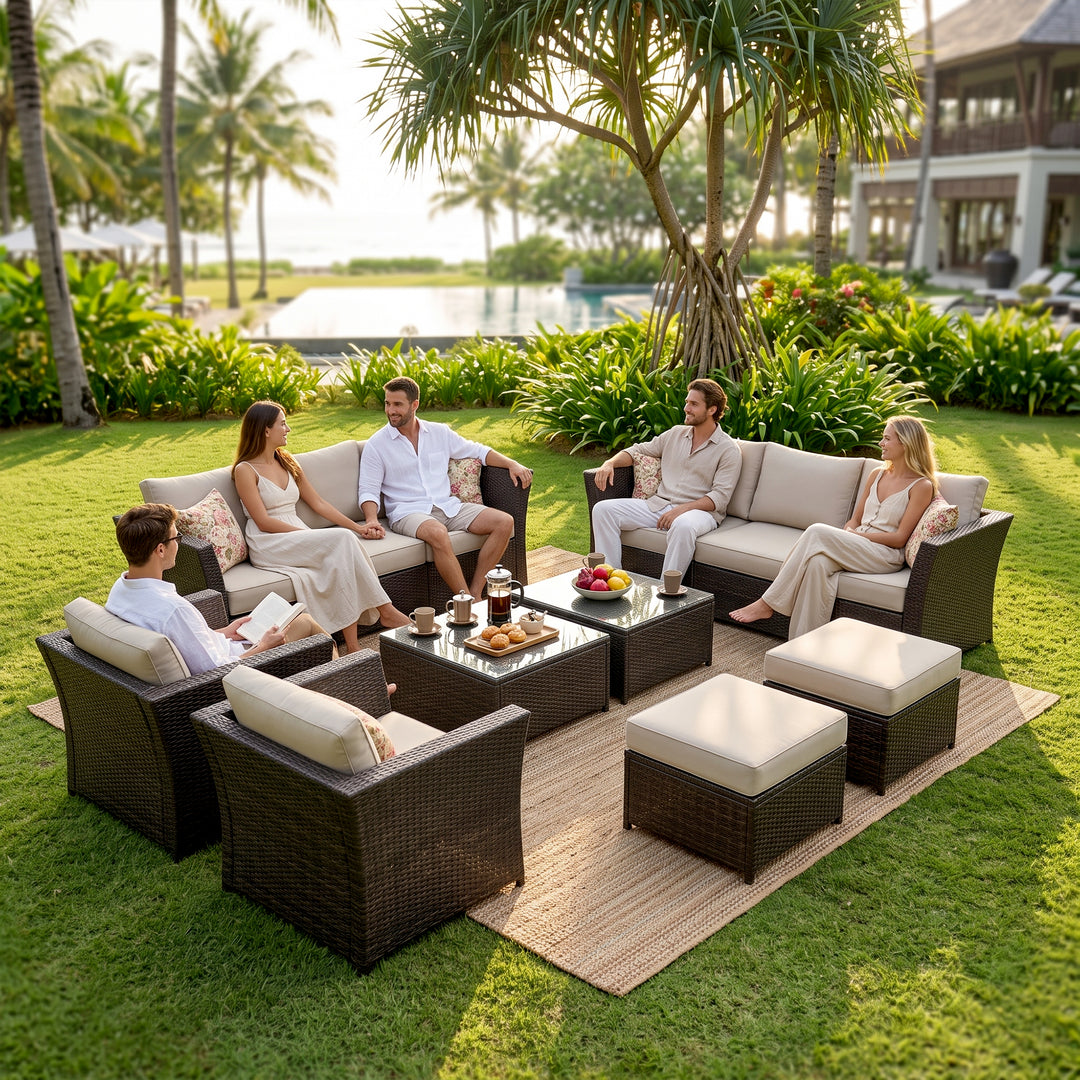 Enorson Outdoor Garden Balcony Sofa Set 2 Three Seater, 2 Single Seater With 2 Ottoman and 2 Center Table Set (Brown)