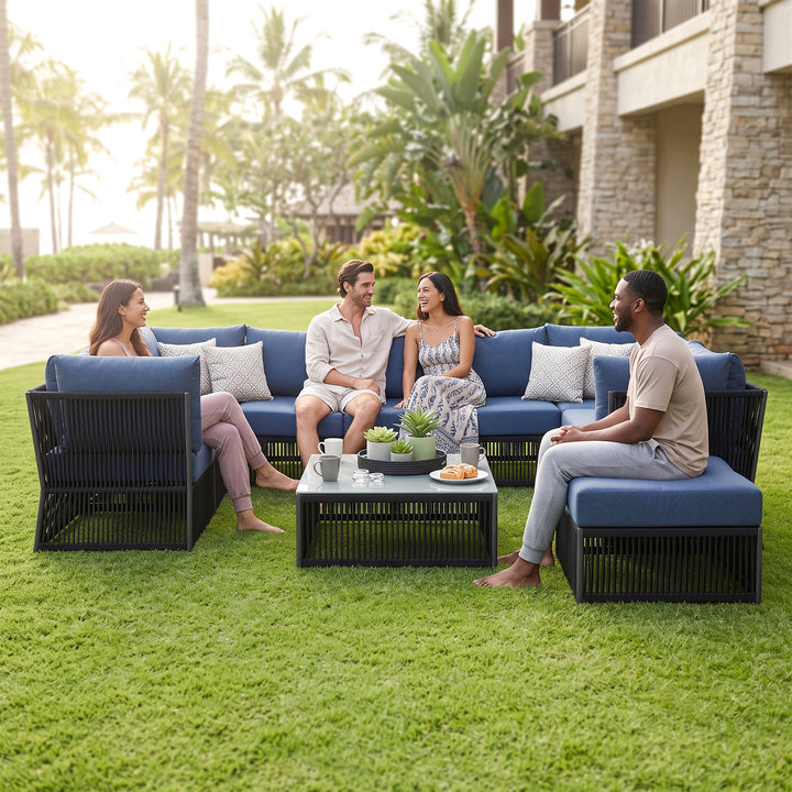 Griselda Outdoor Sofa Set 9 Seater, 1 Ottoman and 1 Center Table Set Braided & Rope