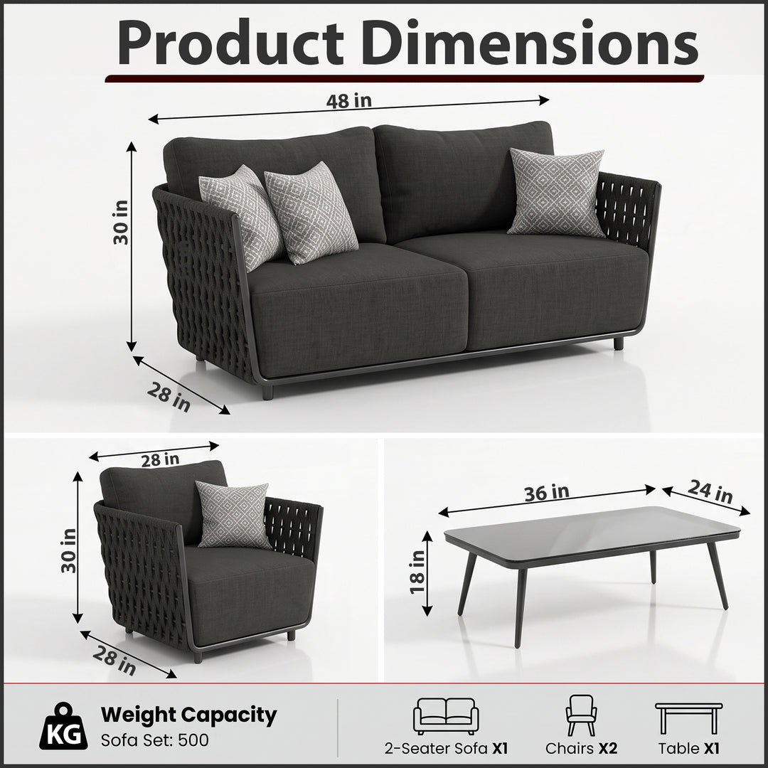 Deifilia Outdoor Sofa Set 2 Seater, 2 Single seater and 1 Center Table (Dark Grey) Braided & Rope