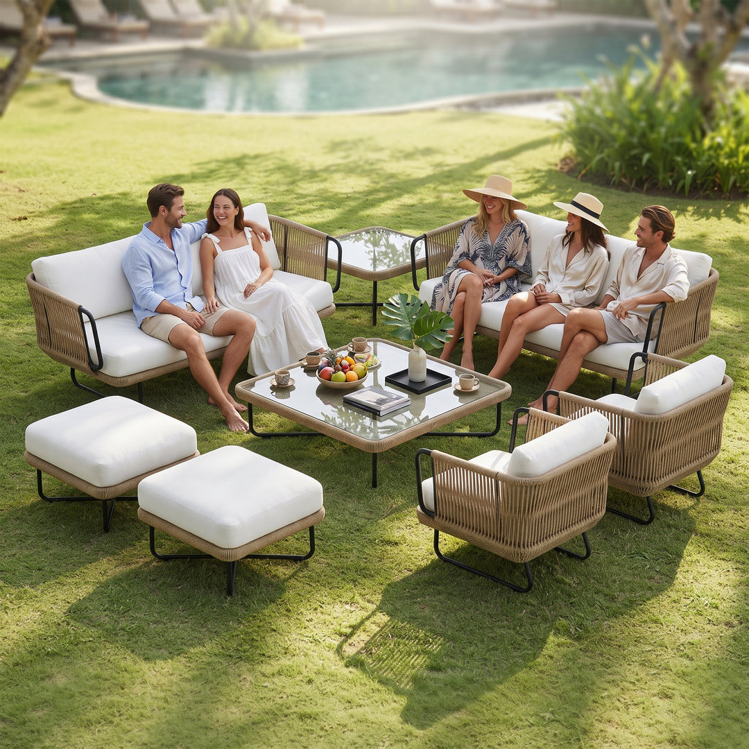 Hancy Outdoor Sofa Set 6 Seater , 2 Ottoman and 1 Center Table + 1 side table Set  (Tan + Beige) Braided & Rope