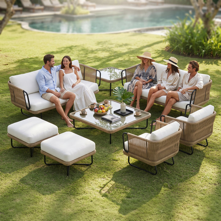 Hancy Outdoor Sofa Set 6 Seater , 2 Ottoman and 1 Center Table + 1 side table Set  (Tan + Beige) Braided & Rope